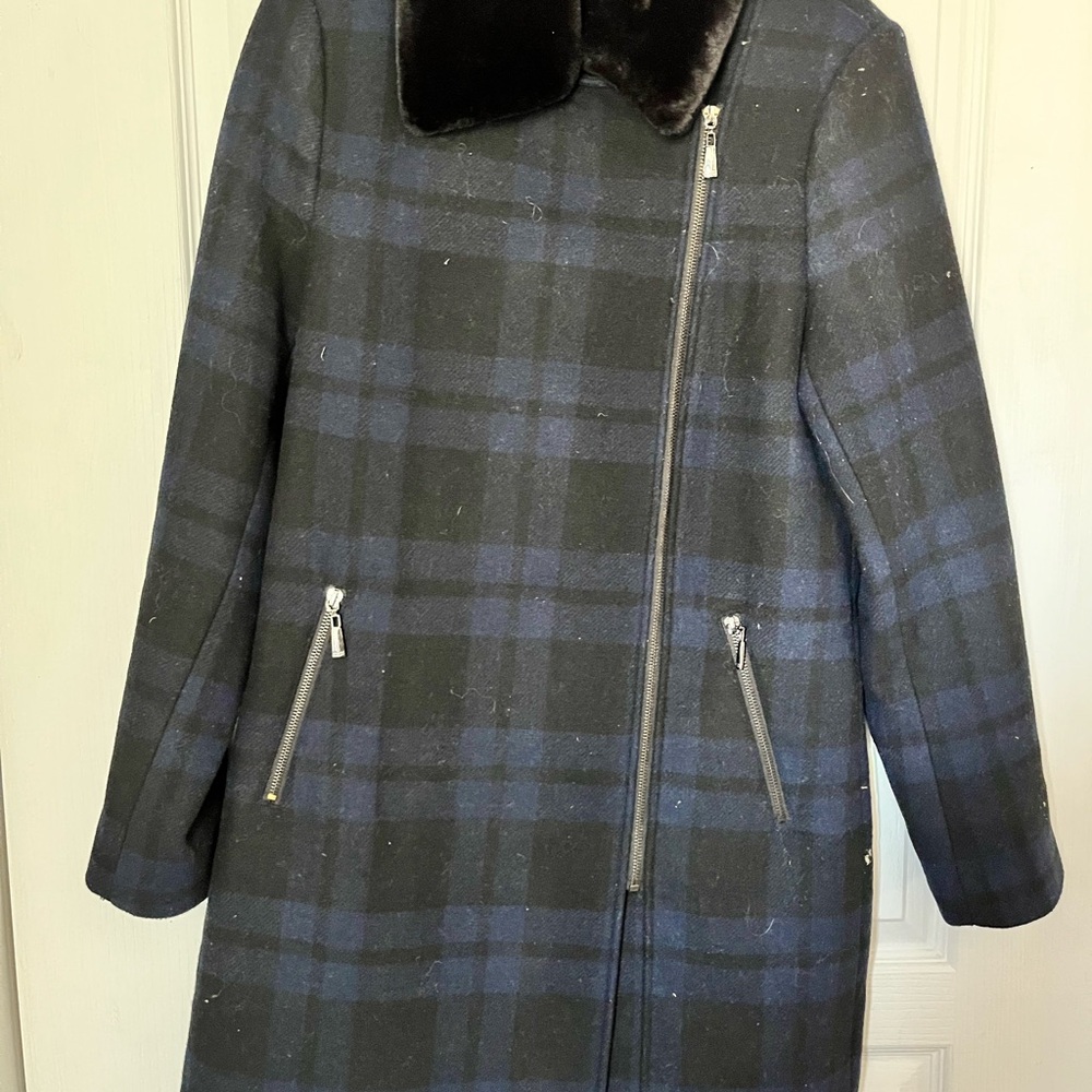Chic Black and Blue Plaid Wool Coat